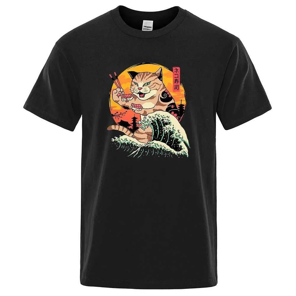 Erkek Tişörtler Çizgi Filmleri Sushi Cat T-shirt Erkekler Kadın O boyun boyunlu Moda Baskılı Grafik Sevimli Nefes Alabilir Strtwear Harajuku UNISEX TS T240425