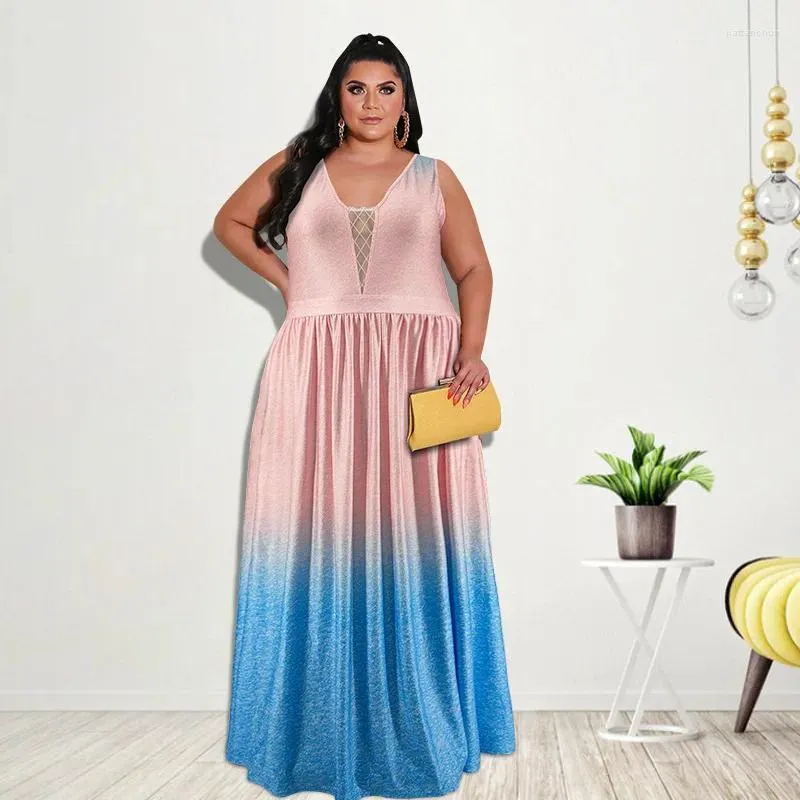 Vestidos casuais mulheres vestem 2024 de verão feminino posicionando gradiente de impressão sem mangas slim size maxi noturno feminino maxi