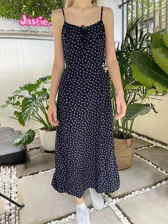 Casual Dresses Floral Print Midi Dress Women 2024 Summer Elastic midja Back Lace-Up Long Vestidos Navy Slim Boho Beach