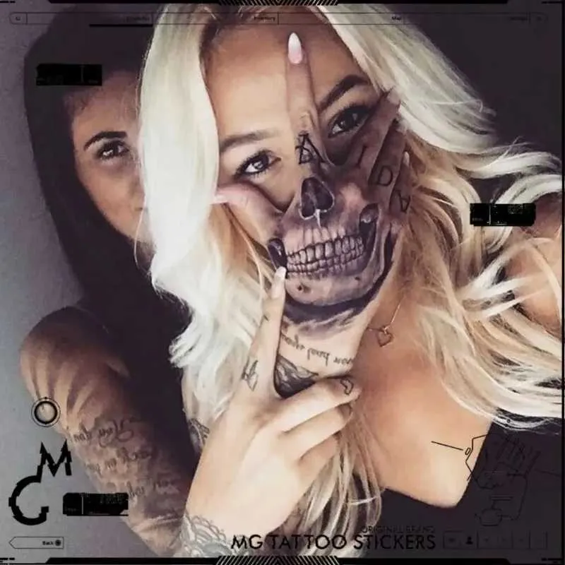 Tattoo Transfer Skeleton Tattoo Stickers para mulher rosto Hand Horrible Tattoos Skull Skull Punk Tattoo Fake Tattoo Sticker 240427