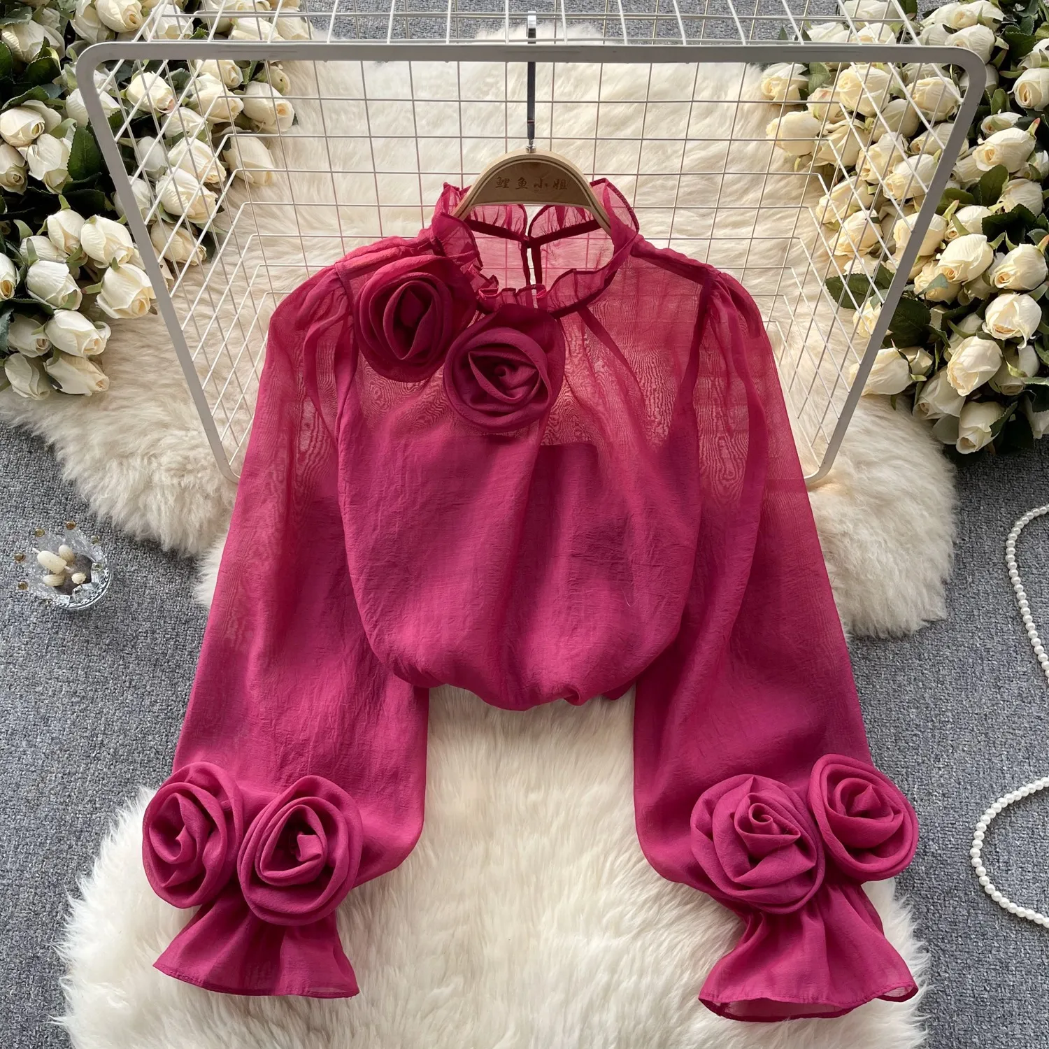French Shirt Female Design Three-dimensional Flower Bubble Sleeves Age Reducing and Versatile Solid Color Chiffon Shirt Female Long Sleeved 2024 New Top