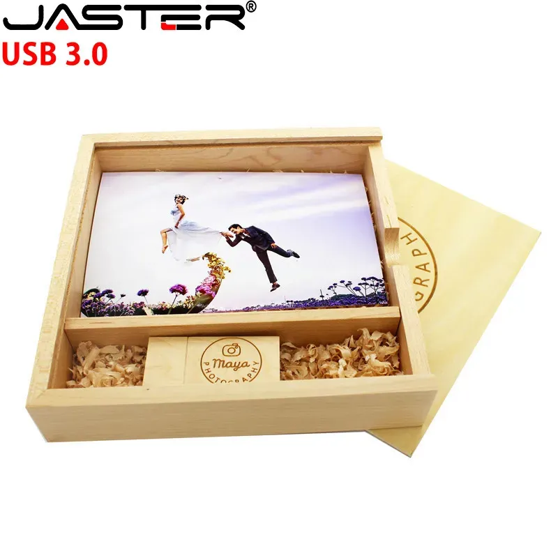 Drives Jaster Free Custom Logo 3.0 Drives Flash 64 Go Photography Wooden Photo Album USB + Box Key USB 32 Go High Speed External Storage