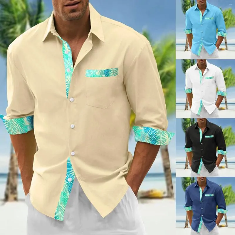 Herren lässige Shirts T mit Taschen Herren Farbe passende digitale 3D -Druckstil Feiertags Meeres Beach Langarm Männer T -Shirt Shirt