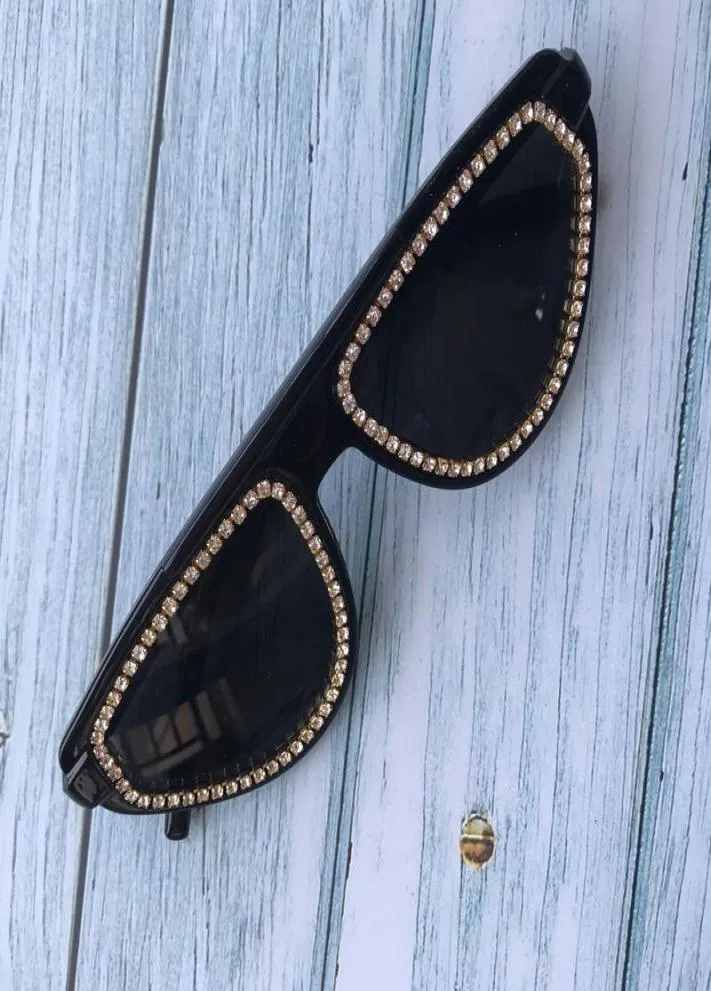 Sunglasses Vintage Black Women Cat Eye Handmade Rhinestone Female Eyewear UV400 Sun Glasses1893430