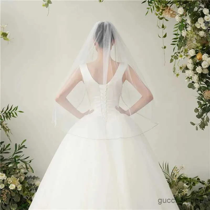 Cabelo de casamento pérolas de pérolas de borda de borda de casamento tule 1t véu de noiva de uma camada véu de festa de noiva com acessórios de casamento de pente