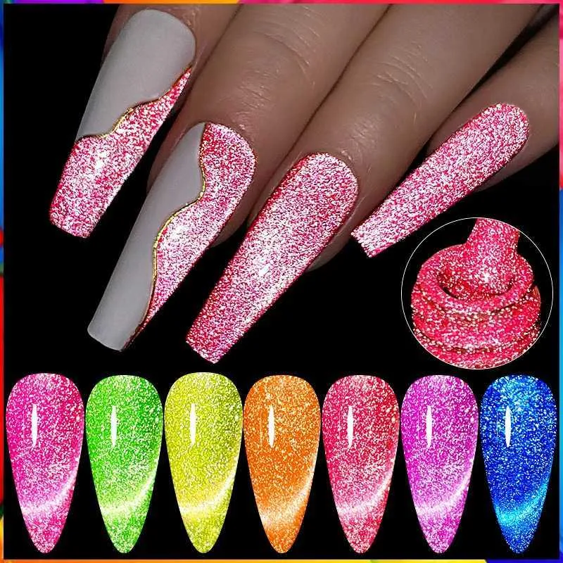 Nail Polish LILYCUTE 7ml Neon Reflective Glitter Cat Magnetic Gel Colorful Laser Gel Nail Polish Semi Permanent Nail Art Glitter Gel Polish Y240425