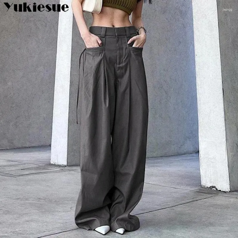 Pantaloni da donna retrò cargo coreano allaccia in tasca a tasca rasa casual da donna pantaloni da streetwear y2k pantaloni larghi estetici