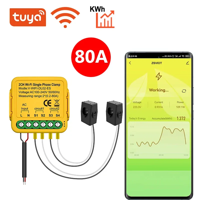 Home Tuya WiFi Onoff Controller 80A Energy Meter Current KWh Power Electricity Statistics Monitoring Device for Alexa Google Home