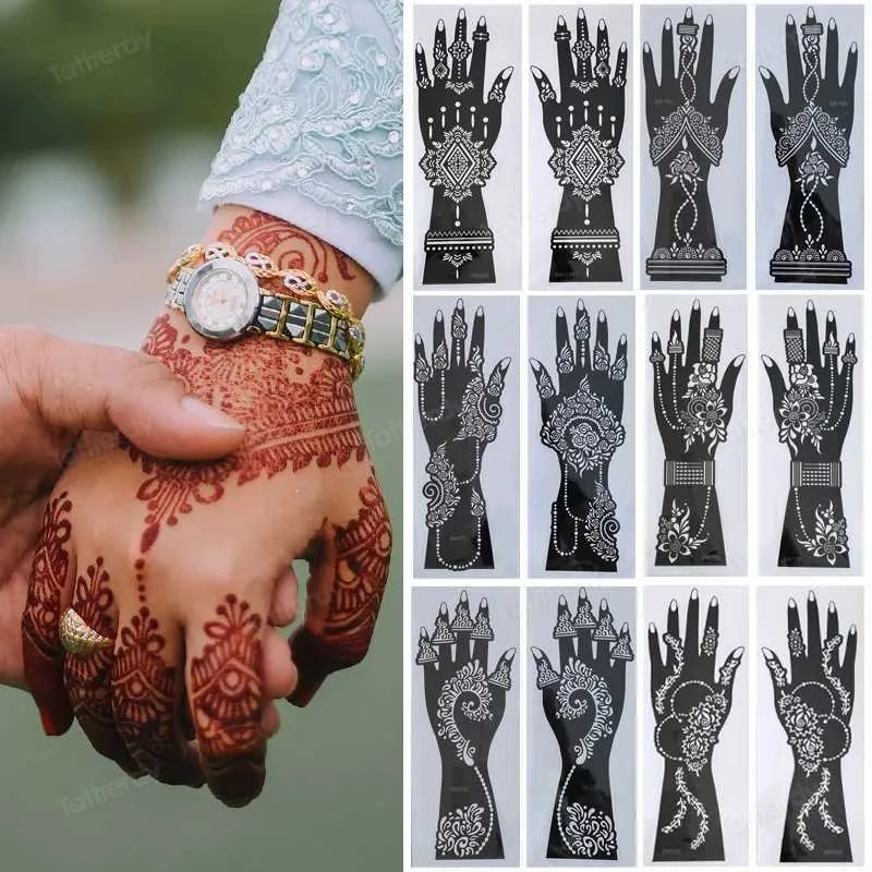 Tatuaż Transfer 2pcs Indie Mehndi Hand Henna Tattoo Stenciels wielokrotnego użytku malarstwo szablon sztuka Tymczasowa tatuaż szablon Sleeve Wedding Bride Beauty 240427
