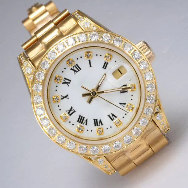 Designer Diamond Watch Designer Feme Watch Automatic Full Gold With Diamond Cador White Dame Taille Gold Lady Watches 26 mm Luxury Designer Woman Watch with Box