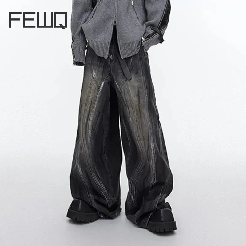 Fewq Men Jeans Legas largas Perna solta Nicho de nicho casual calça de cintura alta machos machos machos de rua outono 24x1714 240425