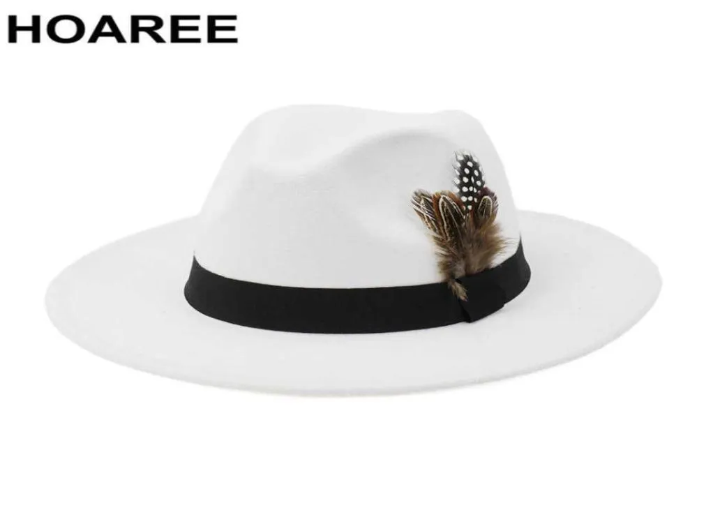 Hoaree White Wool Vintage Trilby Felt Fedora Hat with Feather Women Men Church Hats Wide Brim Male Female Autumn Jazz Caps Q08054885847