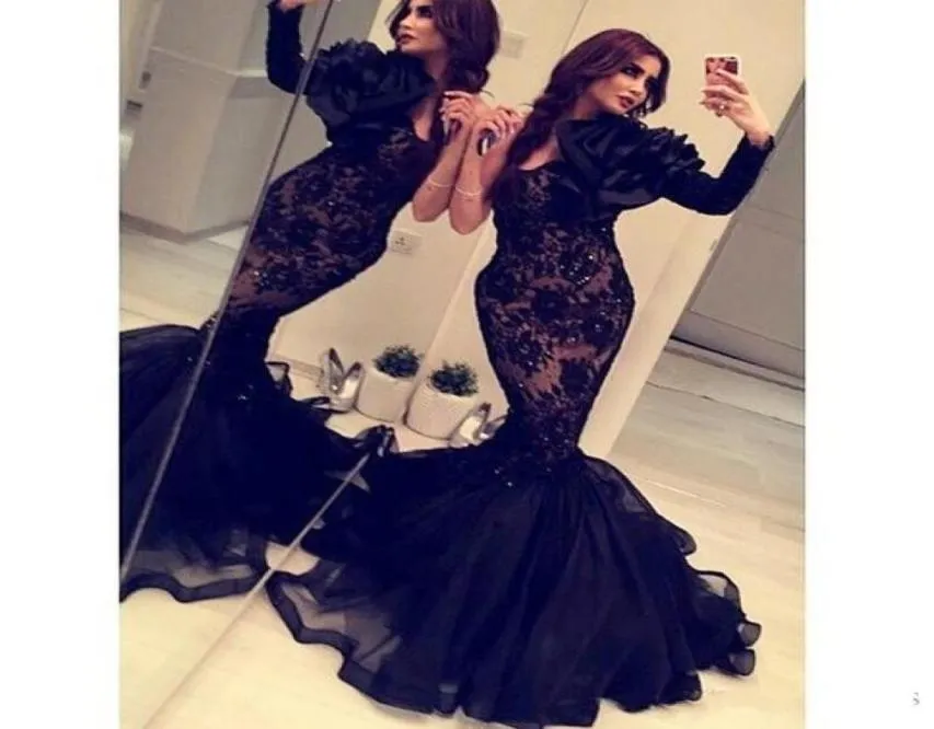 Nya arabiska kvällsklänningar långärmad sjöjungfru en axel svart spetspärlor långa formella saudiarabien dubai prom klänning billigt party9761331