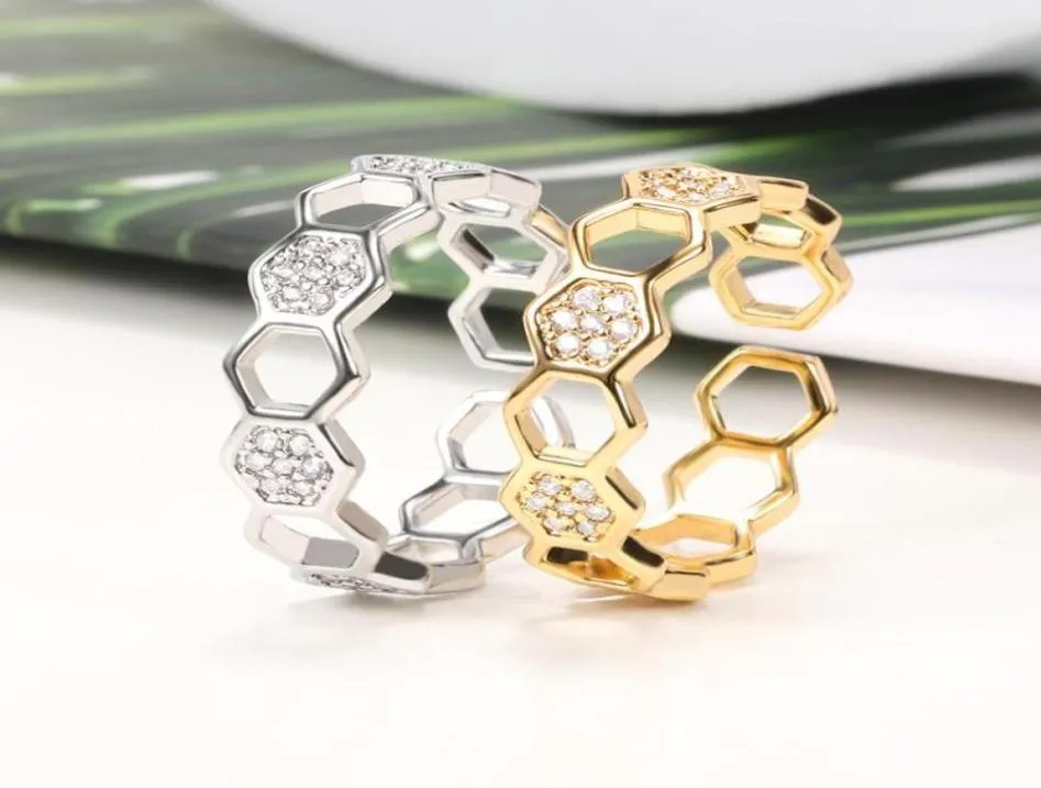 Bagues de mariage hexagone nid d'abeille pour femmes bijoux cristallins géométrie réglable bague femme 20214847331