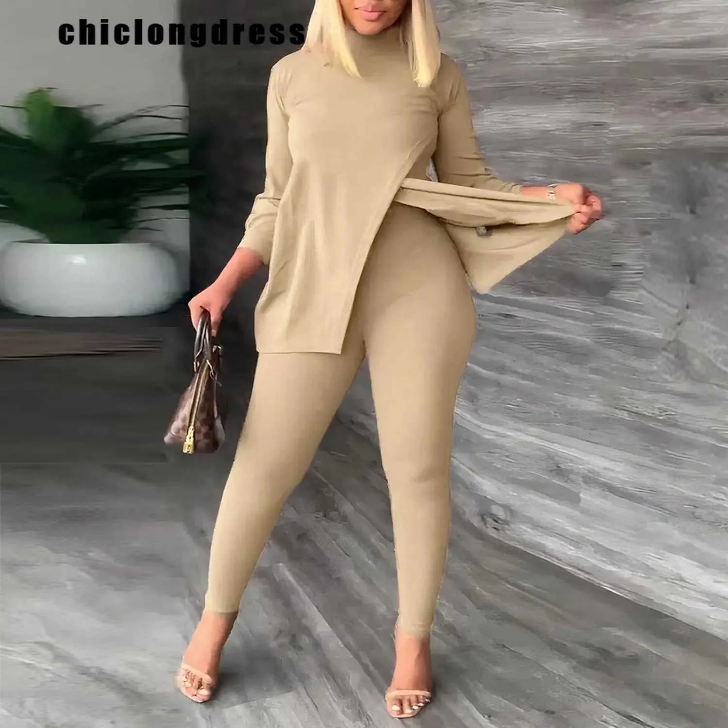 Calças de duas peças femininas Autumn Winter Fashion Casual Duas peças Conjunto de duas peças Mulheres cor sólida Long Slve Split Tshirt pernas de duas peças Pant Suit Women Y240426