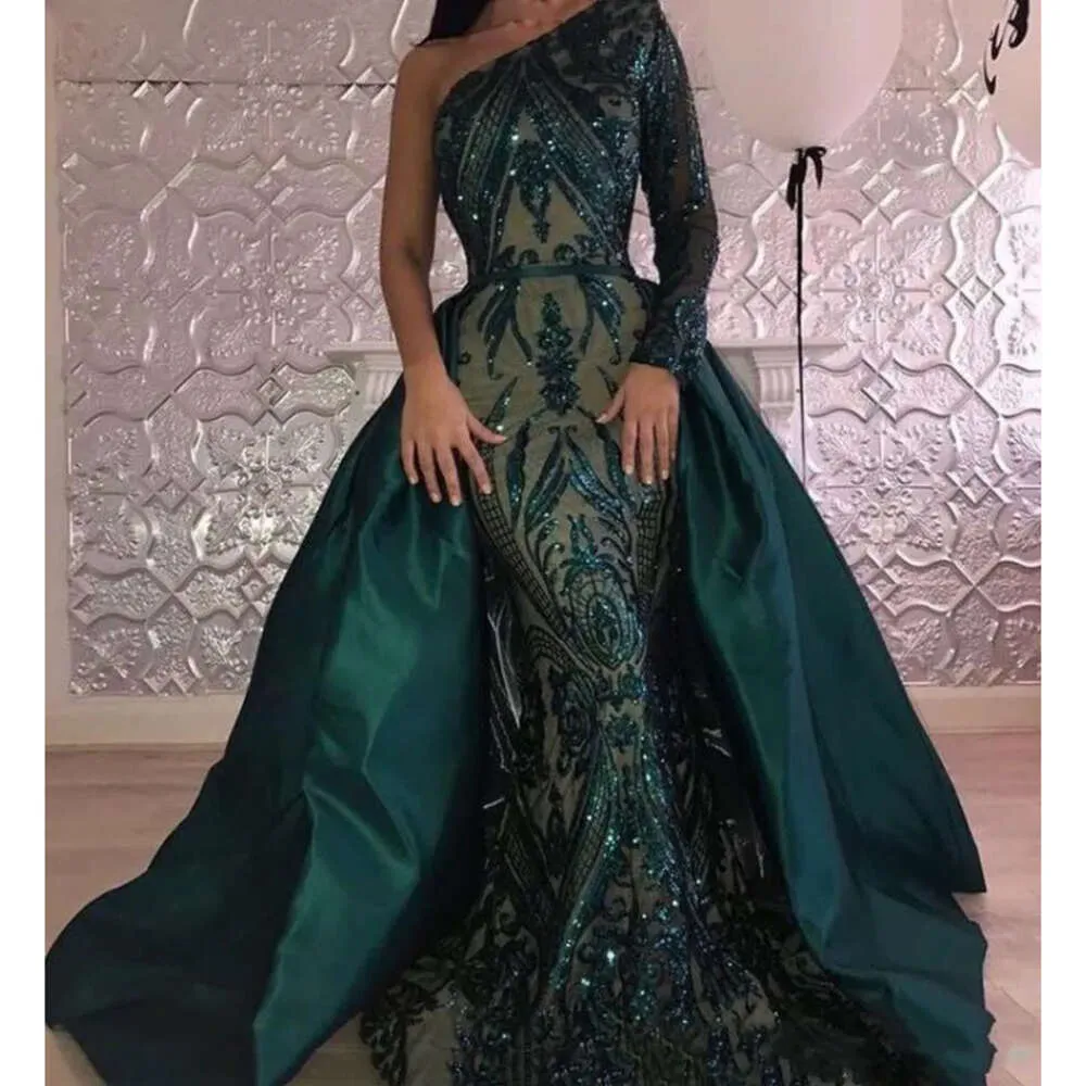 Épaule formelle verte foncée une soirée robes Ocn brillantes robes de bal paillettes à paillettes avec train détachable fabriqué sur mesure