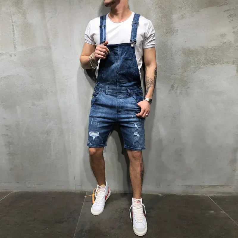 Les jeans masculins se répartissent les bretelles à la mode Bibs Denim Jumps Assuits Tore Salles Shorts Pantalones Vaqueros Hombre 240410