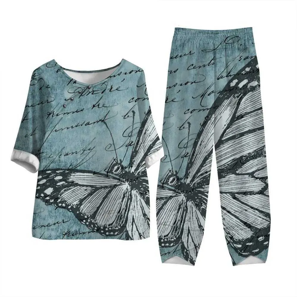 Tweedelige broek voor dames vrouwelijk o nek korte slve suit vlinder print broek set hoge taille broek zomer casual vrouwelijke elegante vintage t-shirt outfits y240426