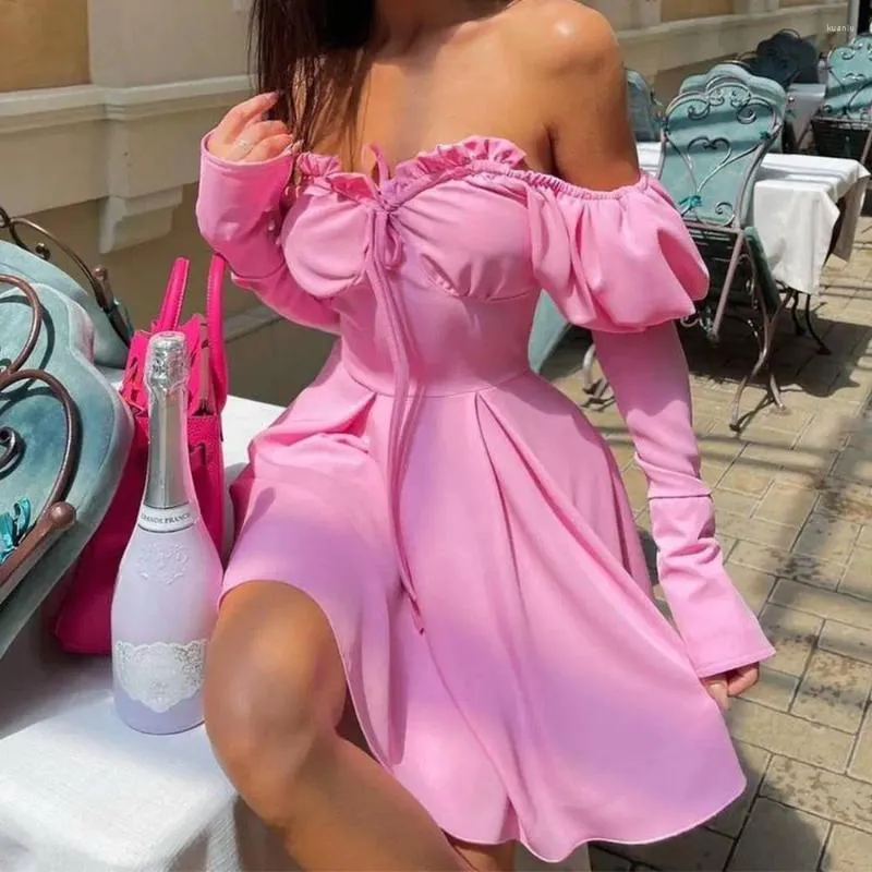 Casual Dresses 2024 Pink Dress Elegant Women's Off-Shoulder Tube Top Lace-up A- Line Skirt Waist-Controlled Slimming Long Sleeve