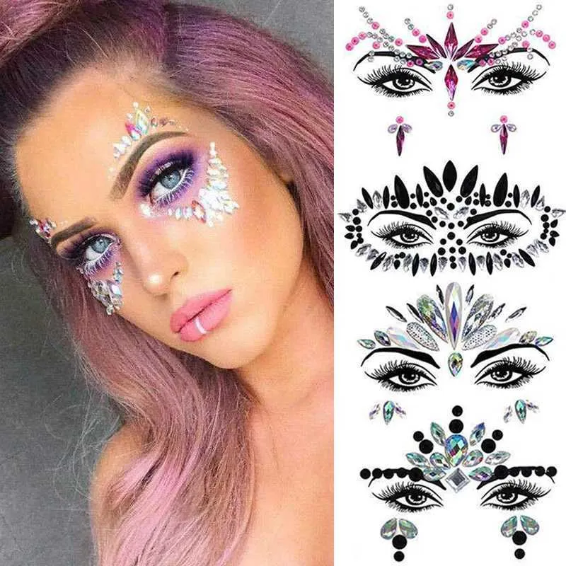 SOA1 Tattoo Transfer 3D Diamond Eyebrow Sticker Halloween Makeup Shiny Rhinestones Face Jewelry Tattoo Self Adhesive DIY Beauty Music Festival Decor 240427