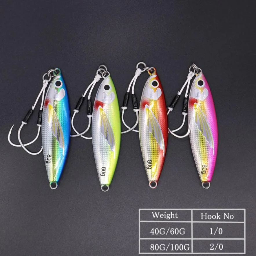 CASTFUN 40g 60g 80g 100g 4PClot Sea Fishing Lures Glow Slow Jigging Casting Jig Metal Jig With Fishing Hook Artificial Baits T2004508070