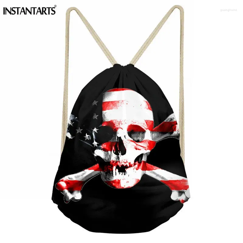 Drawstring INSTANTARTS 3D Printing Punk Skull Bag Men's Daily Mochila Feminina Cinch Sack Casual Travel Soft String Backpacks