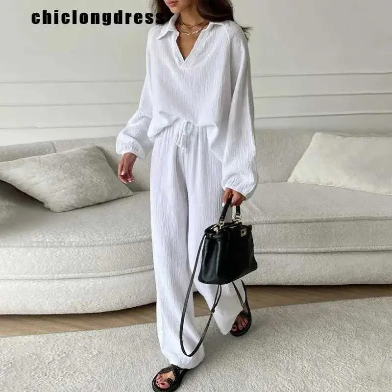 Women's Two Piece Pants Spring Summer Fashion Loose Two Piece Set Women Casual Lapel Long Slved Top Wide Leg Pants Two Piece Set Women Y240426