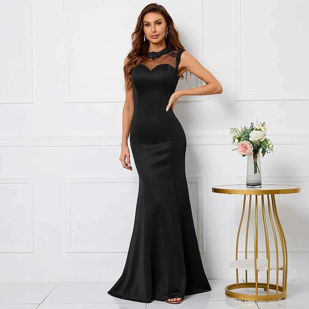 Runway Dresses Yidingzs Black Soft Satin Appliques Beading Long Evening Dress Elegant Party Maxi Dress Long Bridesmaid Dress Y240426