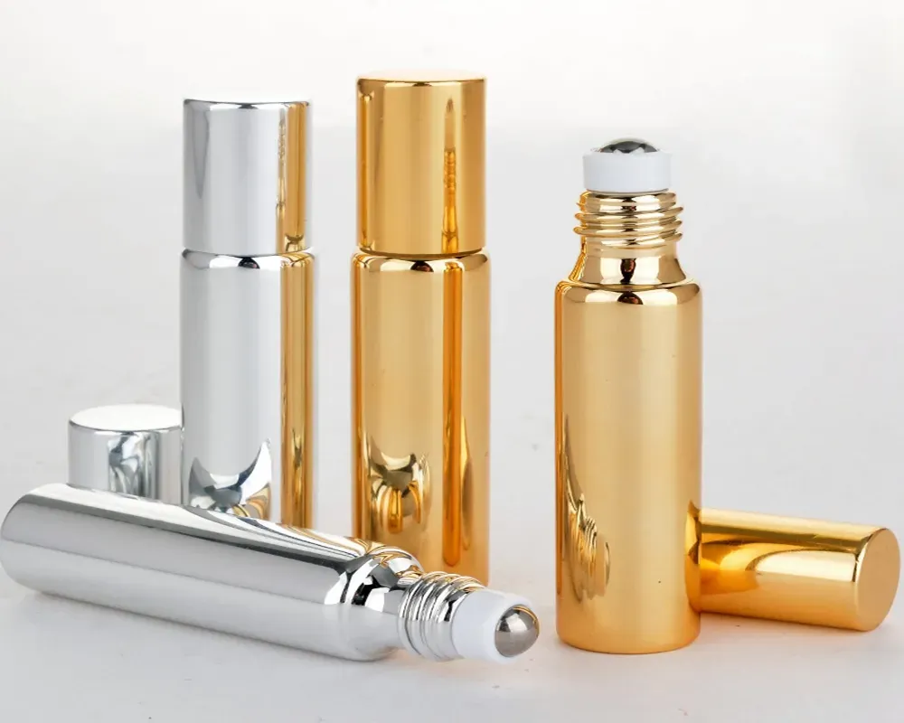 100pcs/Los schneller Versand 10 ml Metallrollen nachfüllbare Flasche für ätherische Öle UV-Roll-On-Glasflaschen Gold Silber Farben LL