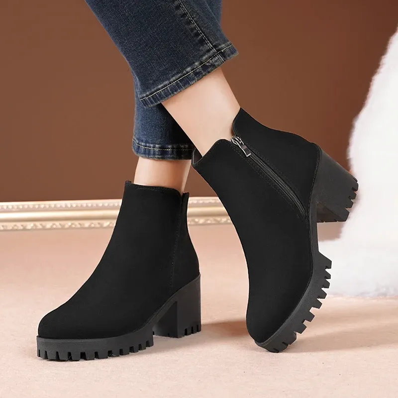 Boots Fashion High Heels Boots Boots Femmes non glisses épaisse en peluche hiver