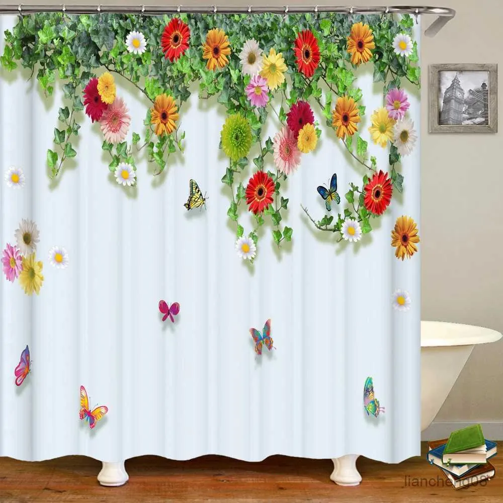 Shower Curtains Plant butterfly flowers shower curtain waterproof polyester fabric bath curtain floral home decor curtains for bathroom