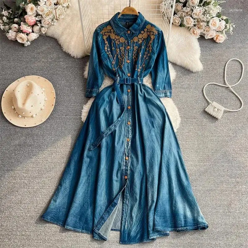 Casual Dresses Light Luxurious Temperament Elegant Dress Lady 3/4 Sleeve Lapel Embroidery Waistband Slim Single Breasted Denim Maxi Z2851