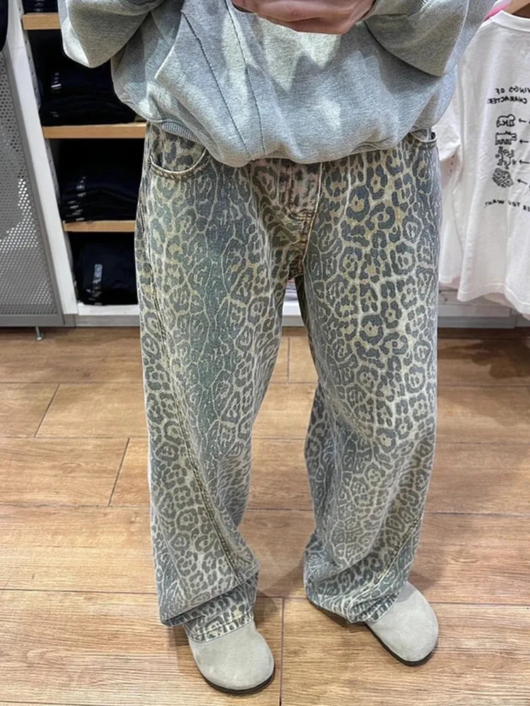American Retro High Maisted Leopard Print Denim Trousers Women Streetwear Y2K Jeans High Street American Bahggy Wide Leg Jeans 240425