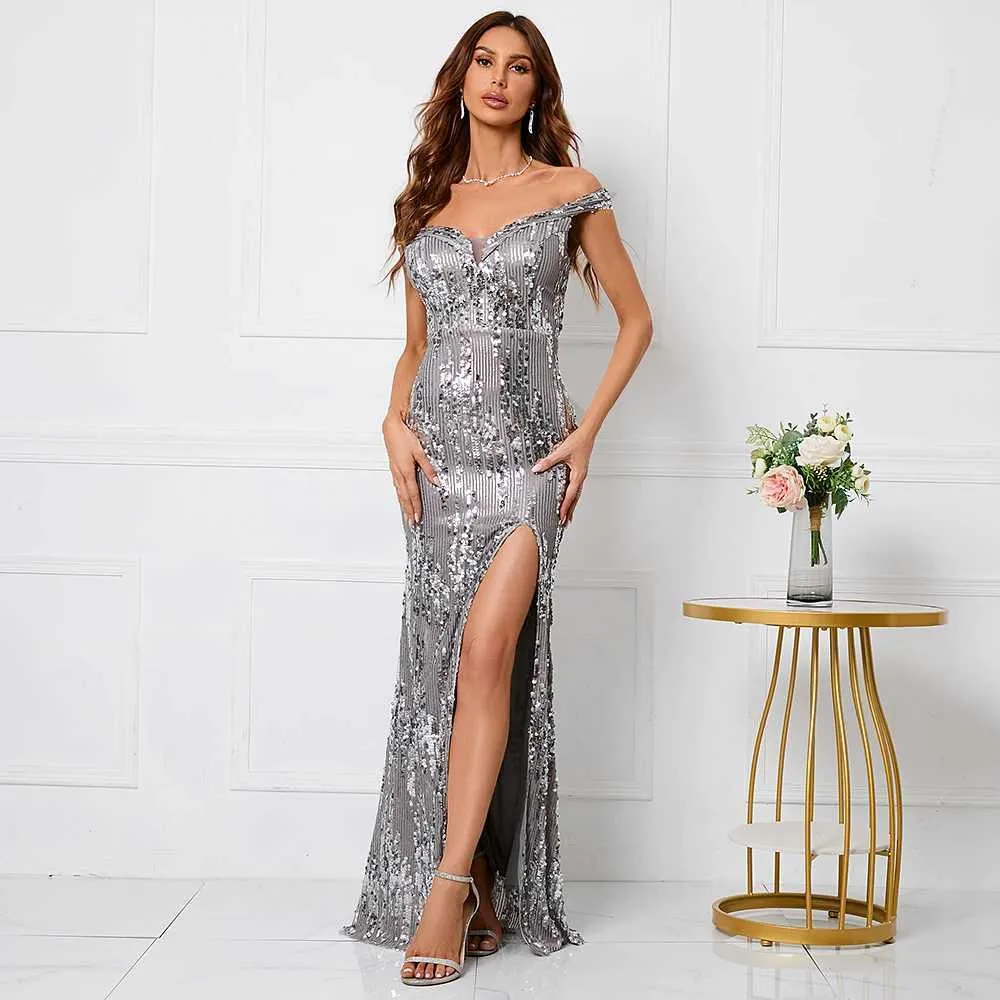 Abiti da passerella yidingzs women sexy party maxi abito fuori spalla abito da sera sequestro grigio abito da ballo lungo y240426