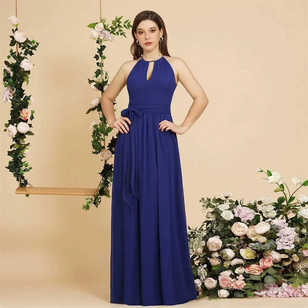 Royal Blue Halter Chiffon bridesmaid dress with Bow Belt - Perfect for Prom, Formal Evening Events and Runway Dressing