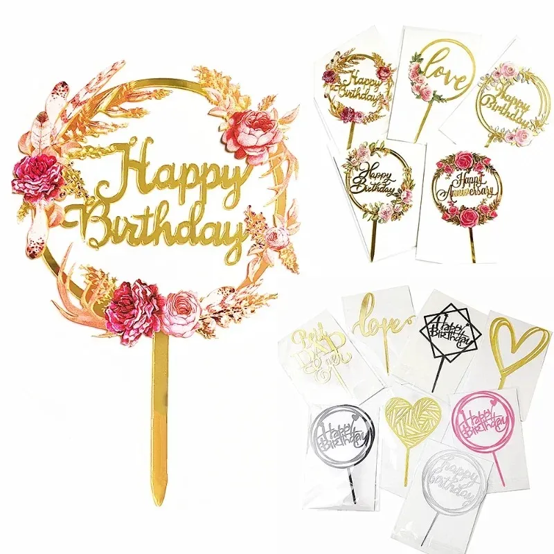 Hot Sell Cake Topper Joyeux anniversaire Party Party Gold Silver Insert Acrylique Décoration de mariage Décor de dessert