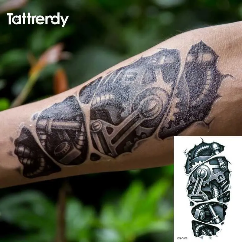 Transfert de tatouage tatouages ​​temporaires 3D Robot noir bras mécanique faux transfert autocollants tatouages ​​chauds sexy cool hommes pulvérisation conceptions imperméables C058 240427