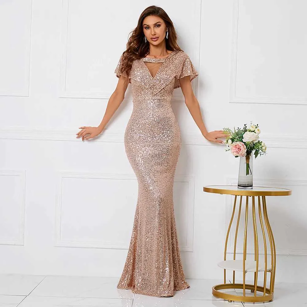 Runway Dresses Yidingzs Elegant Long Gold Sequin Dress V Neck Party Maxi Dress Women Prom Evening Dress Y240426