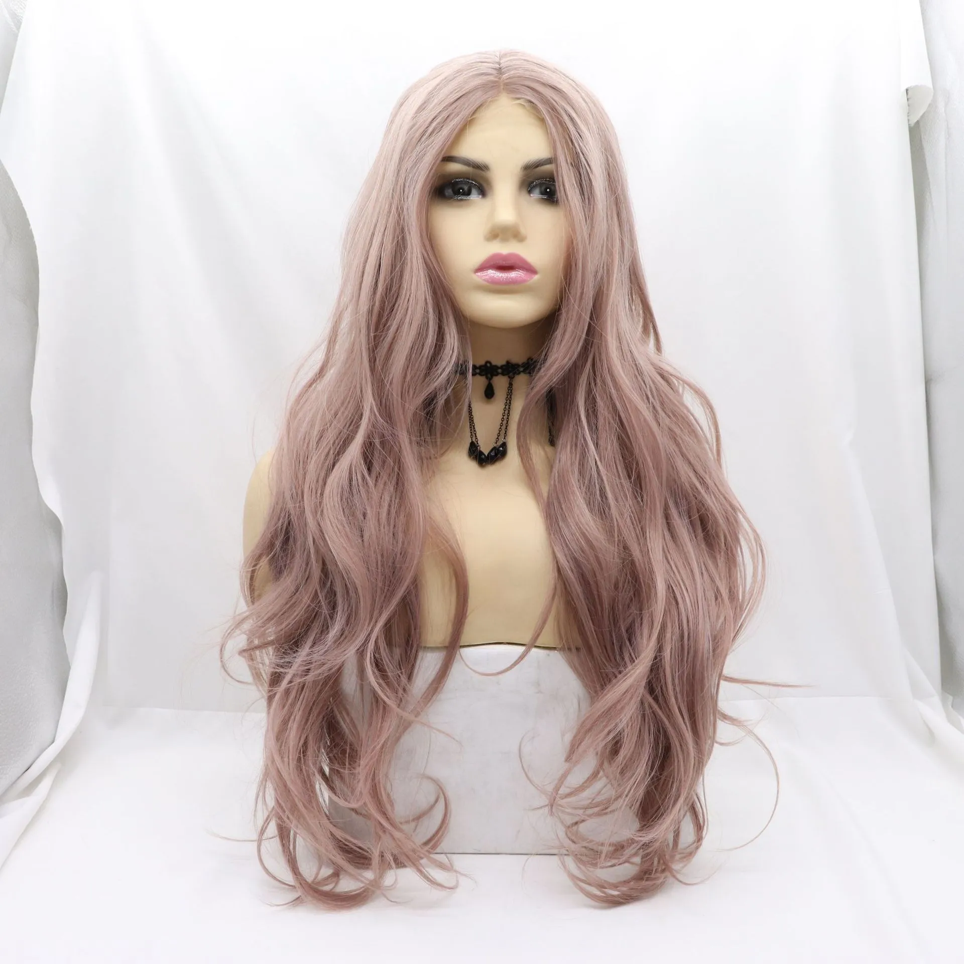 MACHINE MADE Pink big wavy mixed color front lace wig chemical fiber high temperature wire lace chemical fiber wig women long hair headgear curly hair