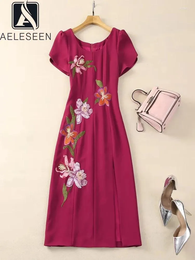 Partykleider aeleseen hohe Qaulity -Sommerkleid für Frauen Kurzärmel Claret Blume Stickerei Paillettenpailletten geteilte elegante Midi Holidat