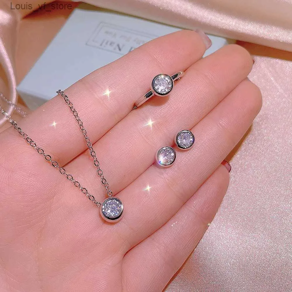 Wedding Jewelry Sets 925 silver new single diamond temperament luxury all-match necklace ring set ladies simple small circle jewelry gift H240426