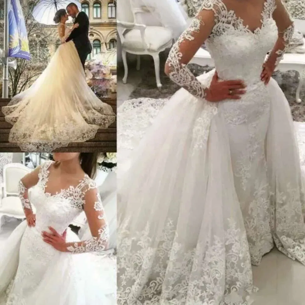 Afneembare trein nek kant v bruiloft met jurk lange mouwen kapel bruidsjurken moslim arabische dubai bruid jurken op maat gemaakte vestidos de novia es estidos