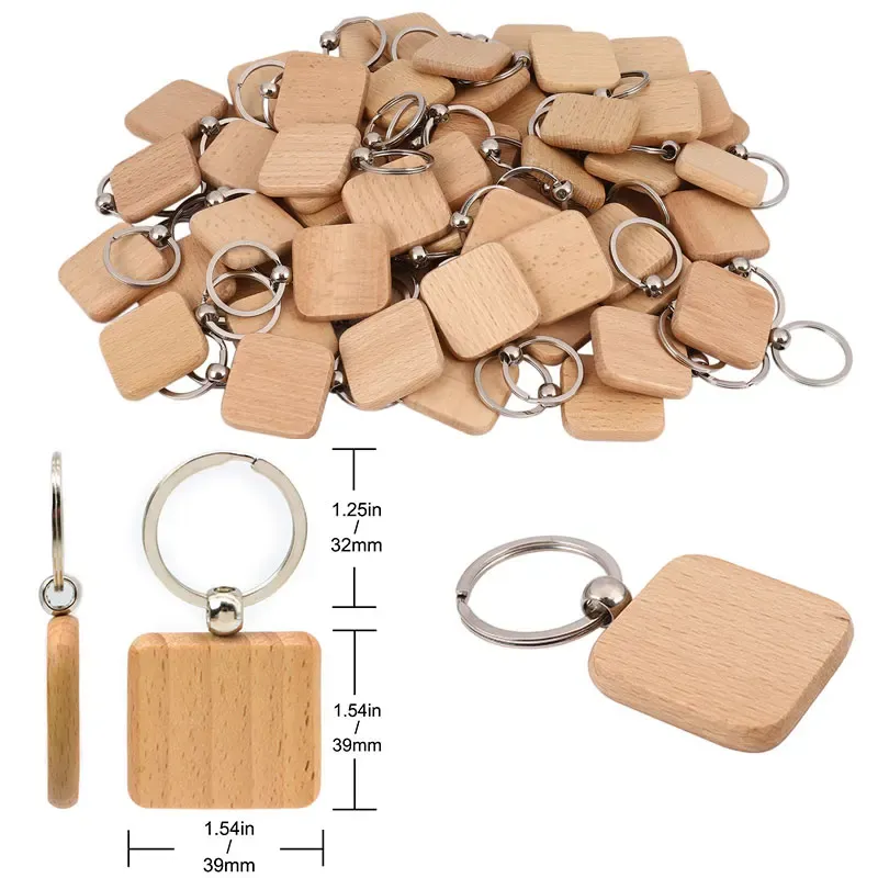 Tags 20pcs 40 mm en bois vide en bois de clés de clés tags clés anneau rectangulaire de gravure clés id de clé de bricolage gravé