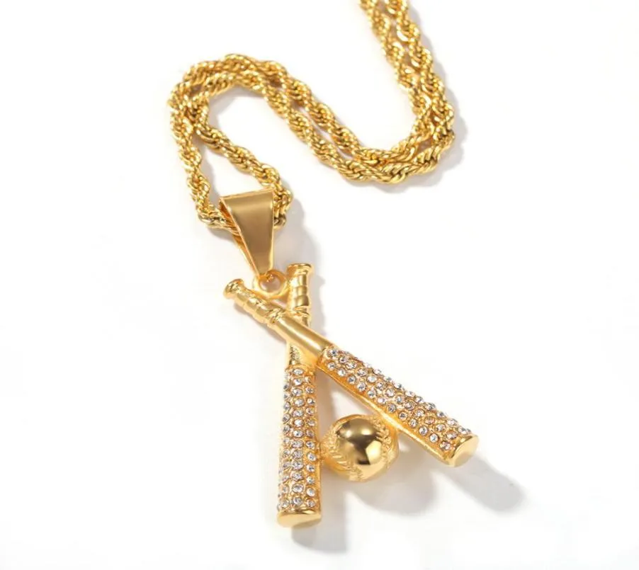 Collar colgante de béisbol de joyas de Hip Hop Gold de oro inoxidable Drinestone con cadena para hombres Mujeres Buena amante de regalo Accesso4955646