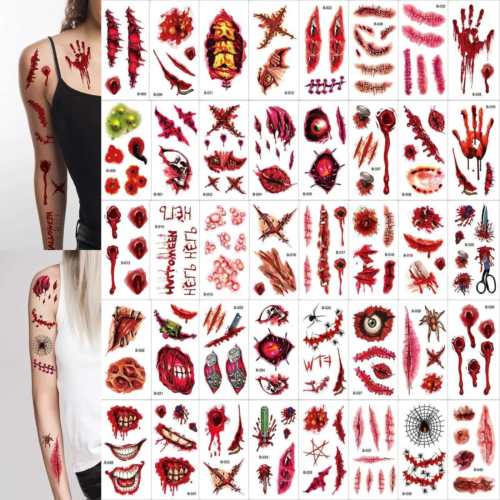 Tattoo Transfer 10pcs/Set Halloween Bloody Wund Tattoo Aufkleber DIY Simulation Narbe Tattoo Schädel Blut Palmdruck Horror Halloween Party Dekor 240426