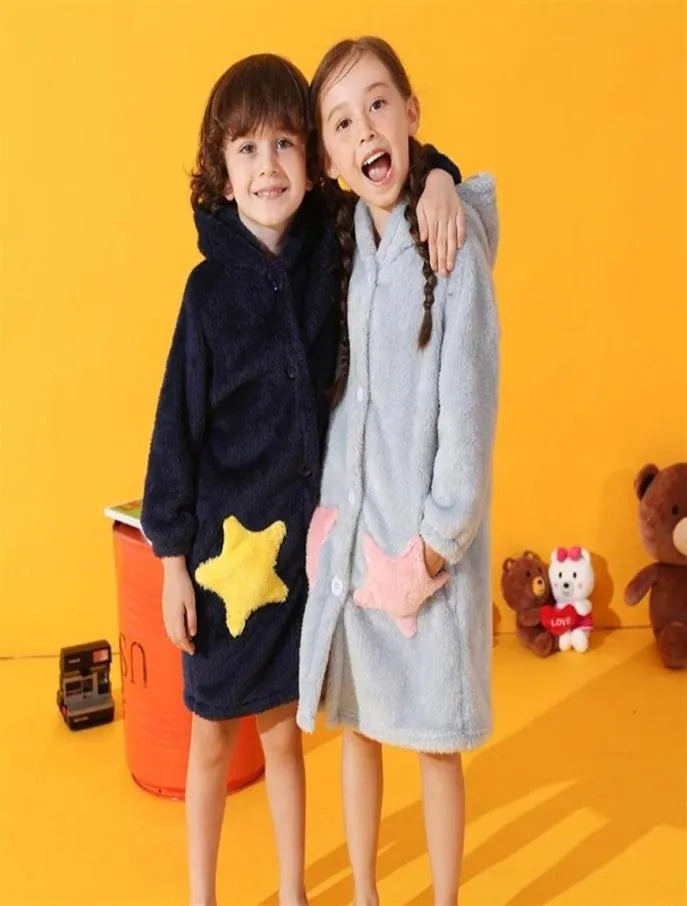 Fashion Kids Girls Bath Robes for boys Winter Children Bathrobe Flannel Bathgrowns Teenage Girls Soft Star Pocket Pyjamas Y20032513068651