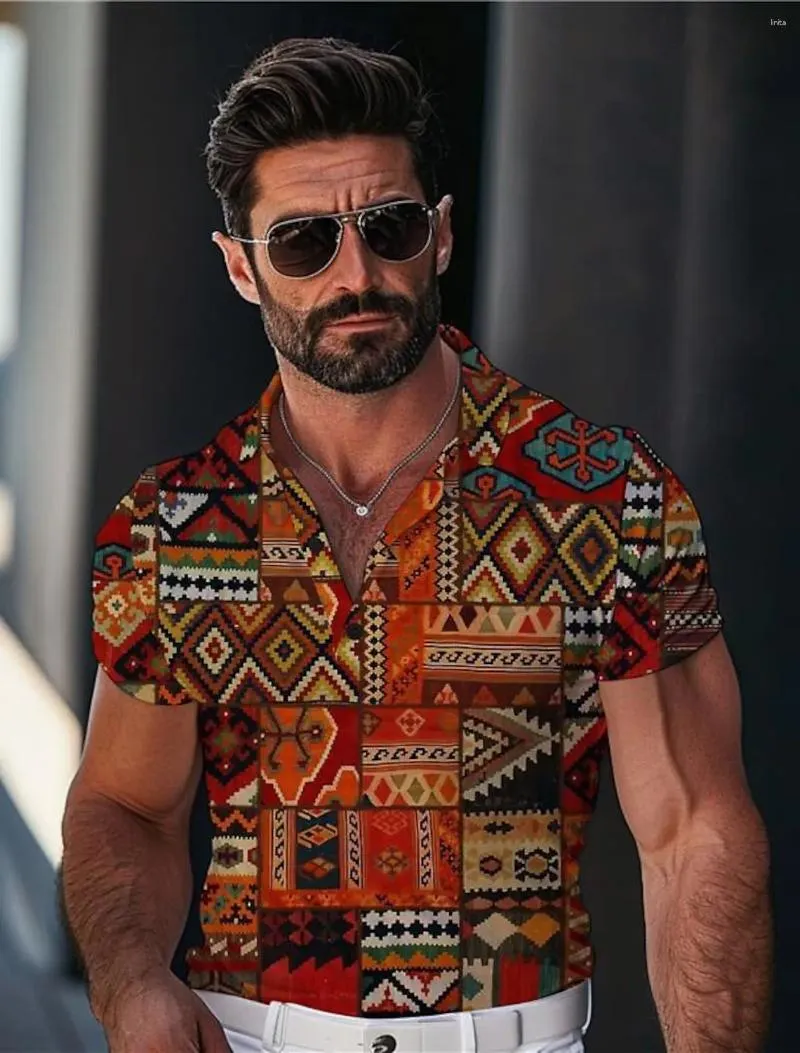 Polos masculinos 2024 AZTEC Tribal Vintage Estilo Western 3D Camisa pólo de manga curta Camisas de salas de salas de verão Microelástica