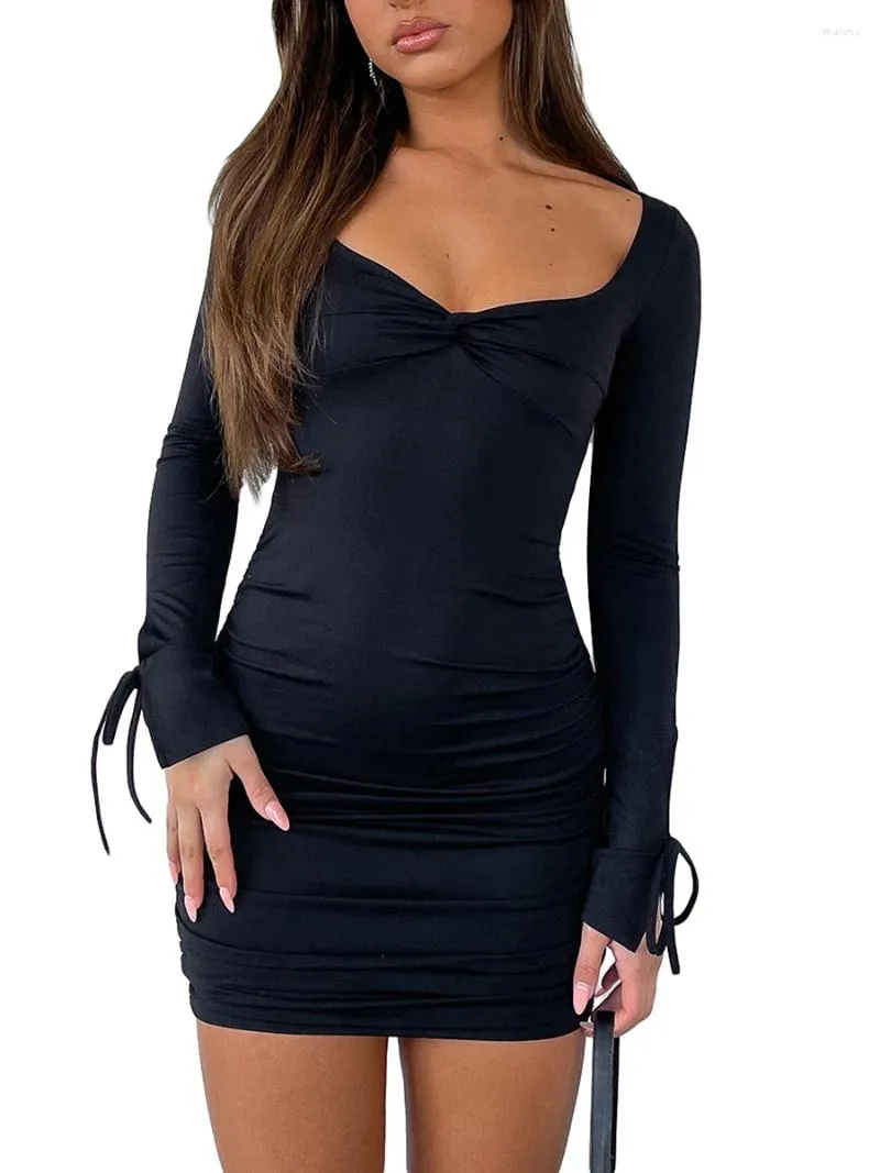 Casual Dresses Women's Summer Mini Party Dress Black Long Sleeve Low Cut Tie Up Cocktail