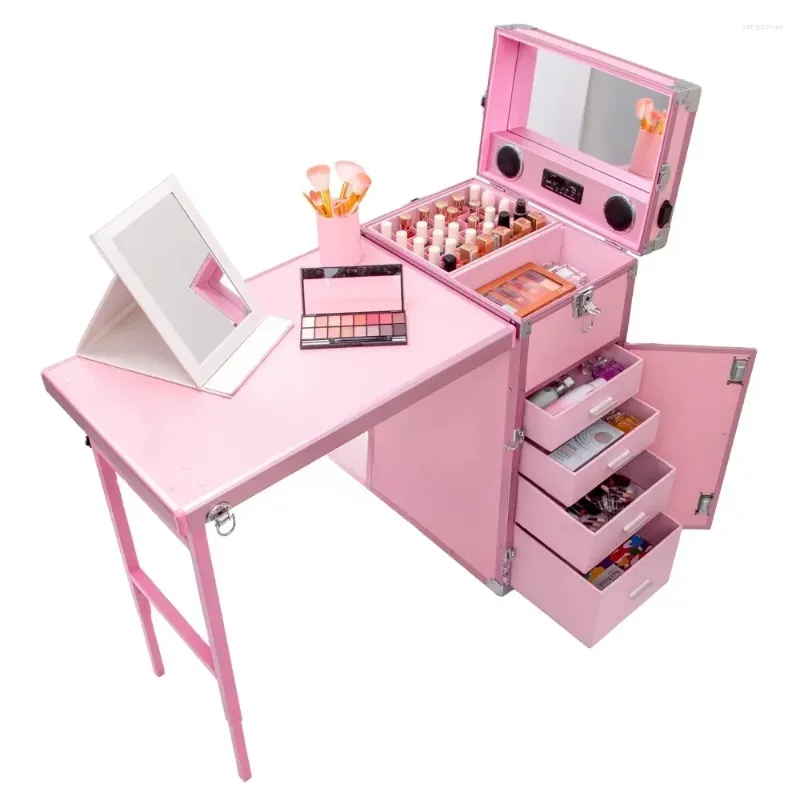 Förvaringslådor rosa nagelbord rullande fodral skönhet salong manikyr makeup station konstnär kosmetisk vagn