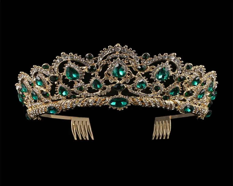 European Drop Green Red Crystal Tiaras Vintage Gold Rhinestone Pageant Crowns With Comb Baroque Wedding Hair Accessories9337068